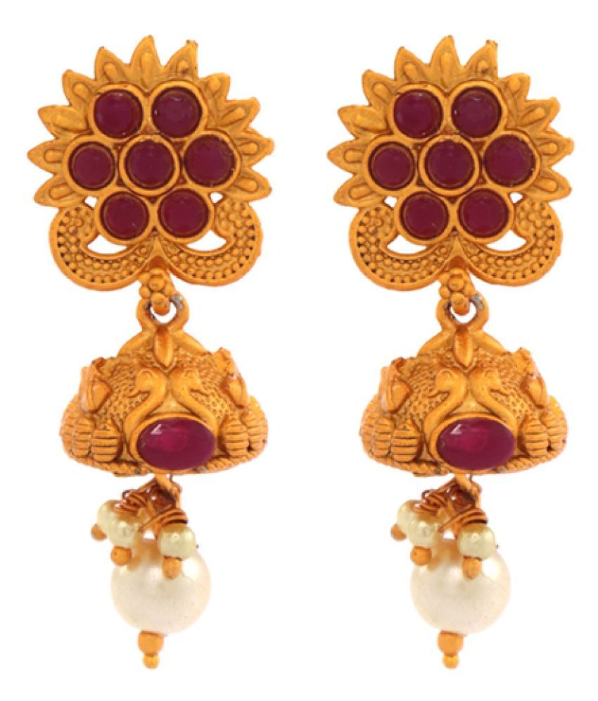 Moonplus Traditional Antique Jumkha Earrings Imitation Pearl Drops Red Stone Work Temple Swan Annam Sun Flower Design Matte Finish Umberla Jimikki Kammal Party Wear For Women And Girls Buy Moonplus Traditional