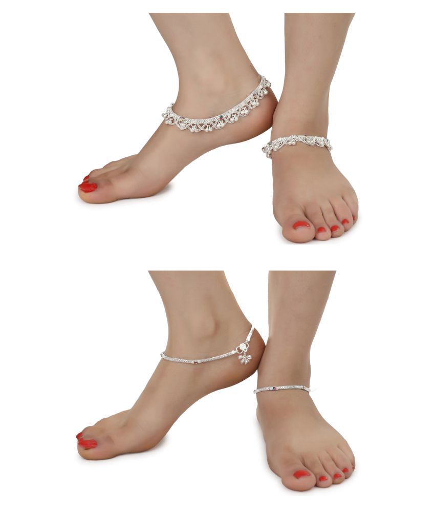     			AanyaCentric Combo of 2 Pair Silver Plated White Metal Indian Traditional Ethnic Payal Anklets