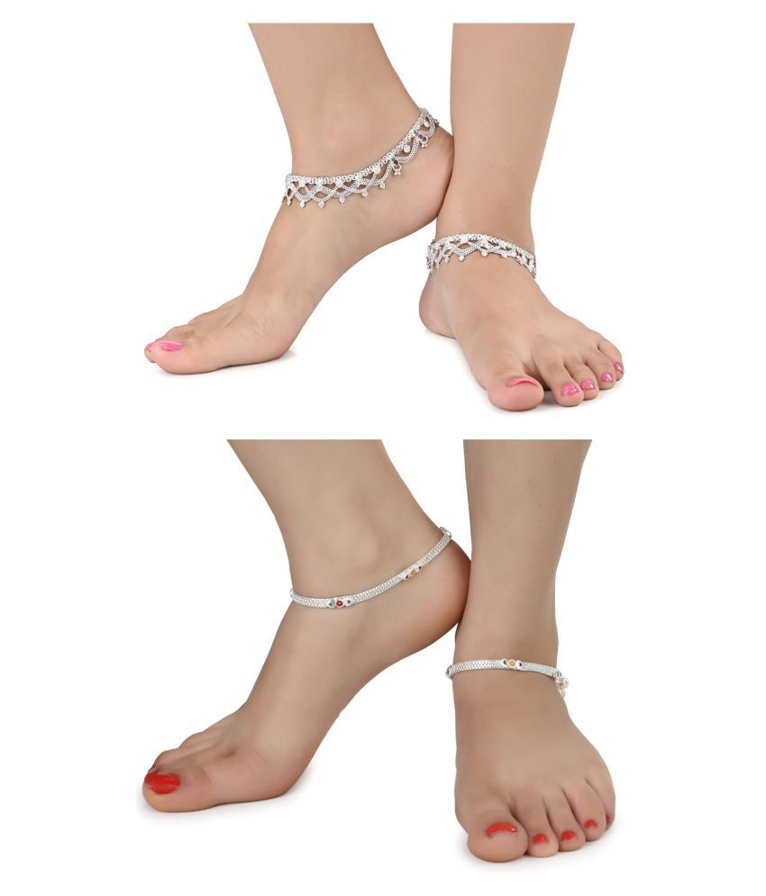     			AanyaCentric Combo of 2 Pair Silver Plated White Metal Indian Traditional Ethnic Payal Anklets