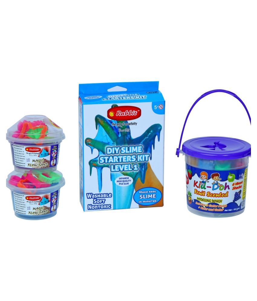 DIY Starters Slime Kit Level 1|+Scented Kid Doh Bucket|+2 Play Sand 100g boxes|DIY Slime Kit |DIY Set |Play Doh | Modelling Dough for Kids |Putty Toy||Sand for Kids|Kids Playing SandPlayDough|Kinetic Sand f moulds|Make your own slime at home| Age 5+