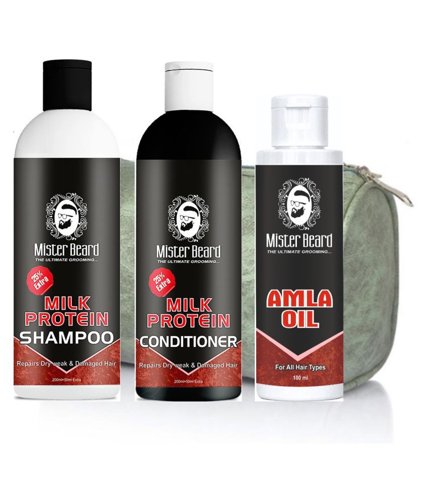 MISTER BEARD Milk Prot Shampoo, Cond, Free Bag And Amla Hair Oil 100 mL Pack of 3 Fliptop Plastic Jar