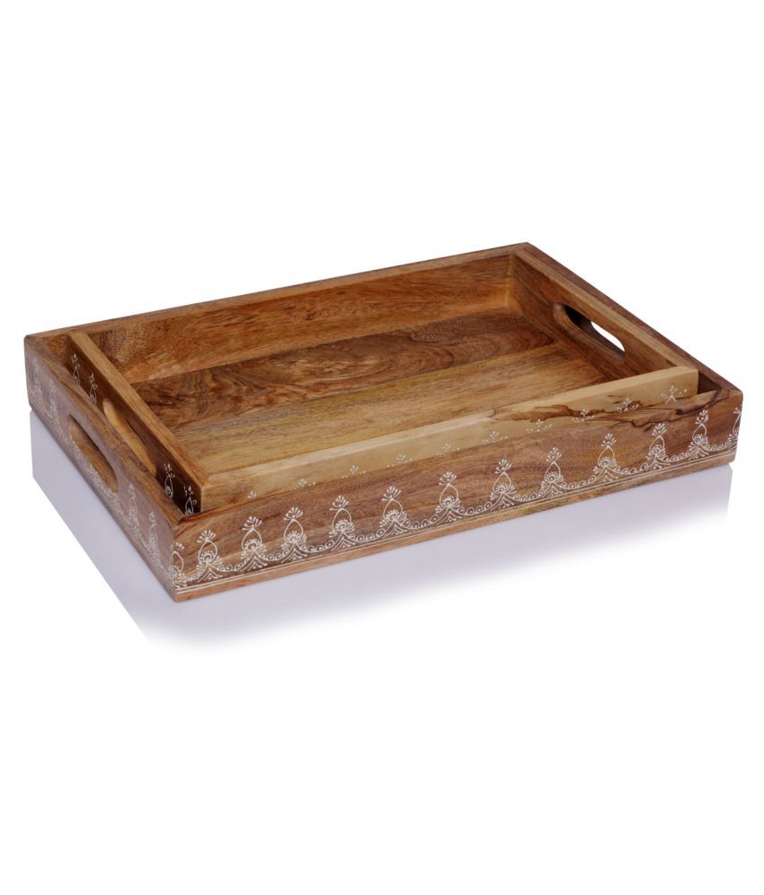 Silverlining Acacia Wood Serving Tray With Handles Decorative Serving Trays Platter For Breakfast In Bed Lunch Dinner Appetisers Patio Ottoman Coffee Table Great For Lap Couch Pack Of 2 Buy Online At Best