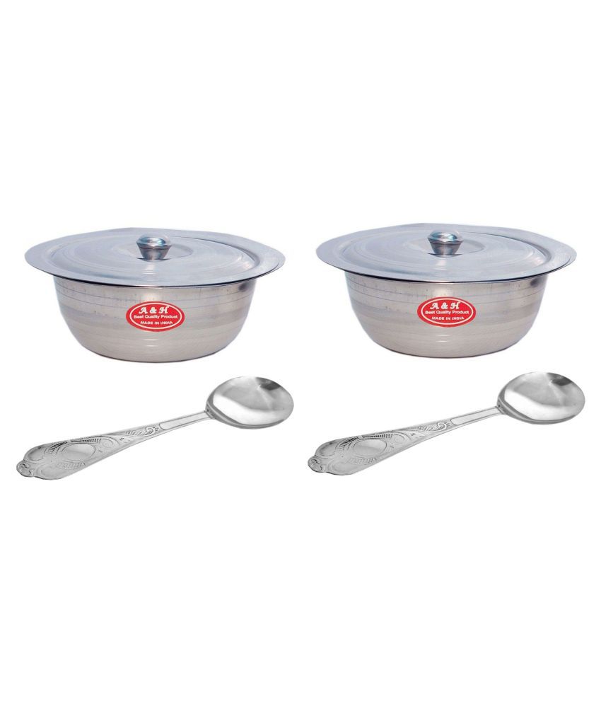 A&H Set of 2 Pc Serving Bowls With Lid ( Dongas ) & 2 Serving Spoon - Stainless Steel