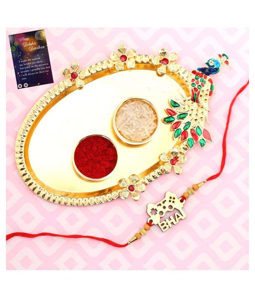     			Paola  Elegant  Bhaiya Rakhi " BHAI" Designe  For Bhaiya/Brother/Bhai With Roli Chawal And  Greeting Card  Kankawati Pooja Thali