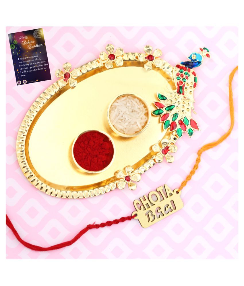     			Paola Exclusive Bhaiya Rakhi " CHOTA BHAI" Designer Pendent  For Bhaiya/Brother/Bhai With Roli Chawal And  Greeting Card  Kankawati Pooja Thali