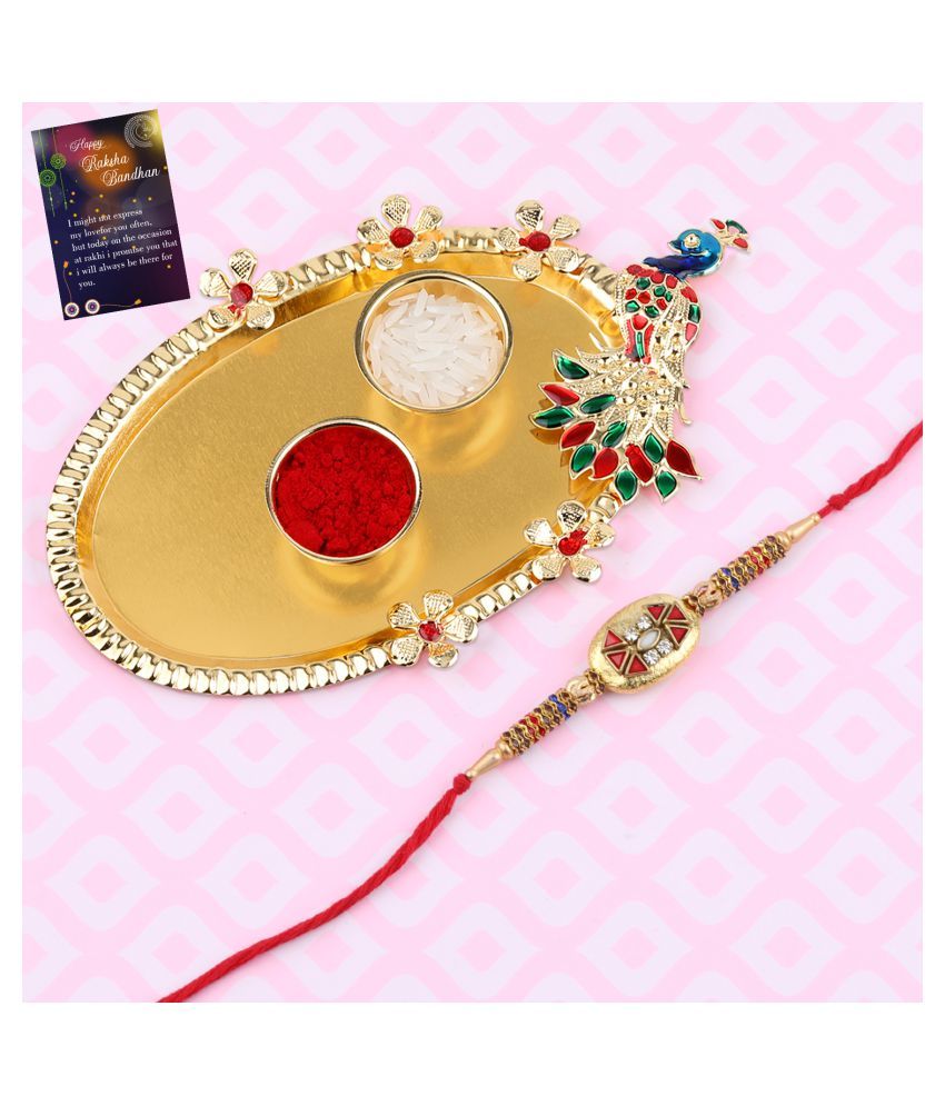     			Paola Stylish Designer Look  Rakhi For  Bhaiya/Brother/Bhai With Roli Chawal And  Greeting Card  Kankawati Pooja Thali