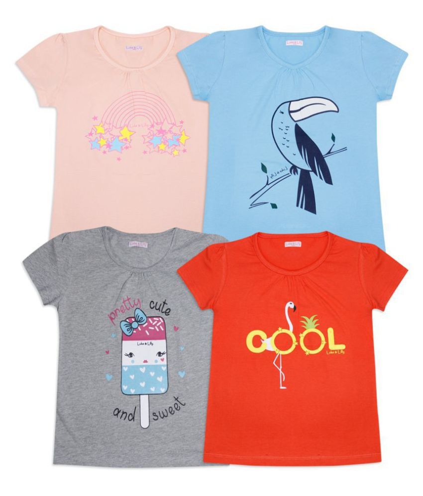     			Luke and Lilly Girls Pack of 4 Cotton Multicolor Printed T-Shirt