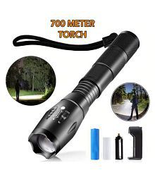 700mtr Rechargeable 5 Mode LED Waterproof Long Beam Metal Torch 12W 12W Emergency Light Torch Zoomable Black - Pack of 1