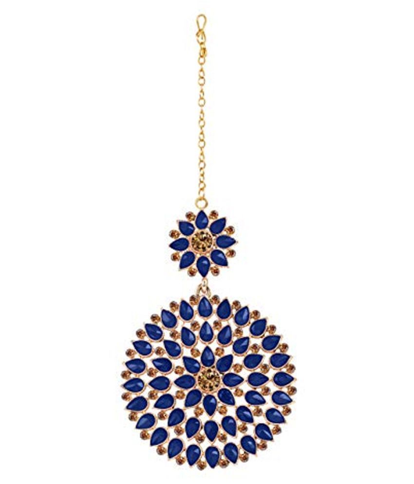     			Gold Plated Navy Blue Stone and LCD Diamond Studded Maang Tikka for Women and Girls (Navy Blue)
