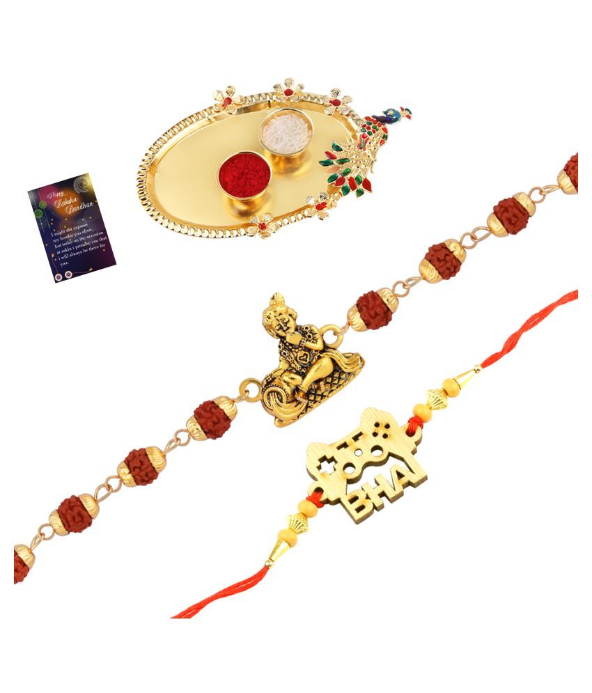     			Paola Rakhi  Rudraksh "Krishna" With   Elegant" BHAI" Designe  With Roli Chawal And  Greeting Card 1 Kankawati Pooja Thali