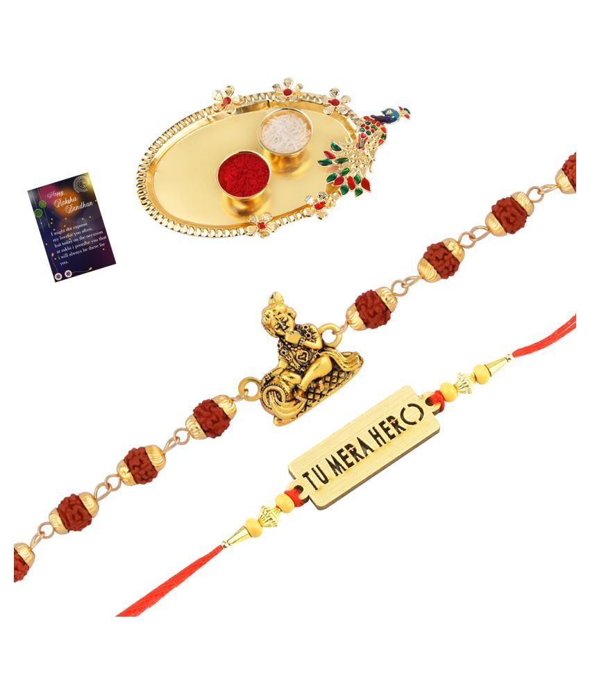     			Paola Rakhi  Rudraksh "Krishna" With " Tu Mera Hero"  With Roli Chawal And  Greeting Card 1 Kankawati Pooja Thali