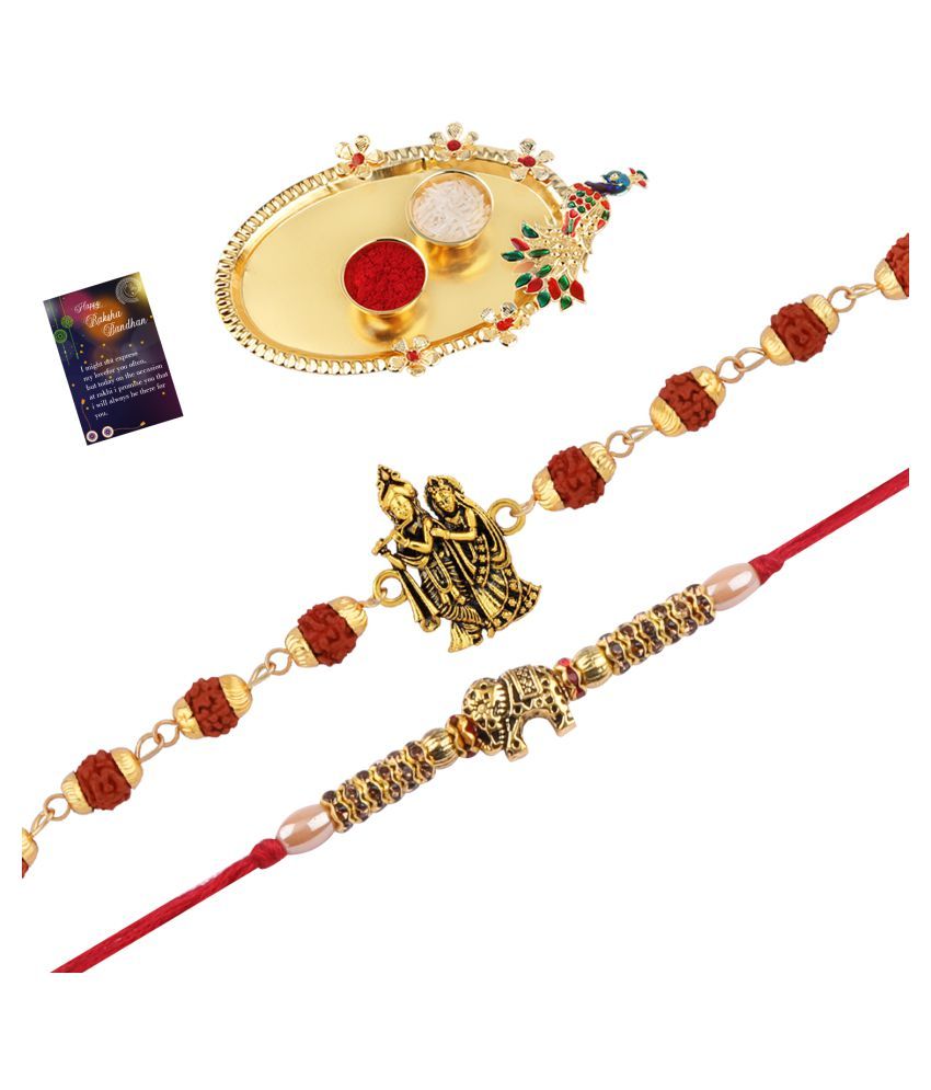     			Paola Rakhi Rudraksh "Radha Krishna" With  Stylish Designer Look  Rakhi With Roli Chawal And  Greeting Card 1 Kankawati Pooja Thali