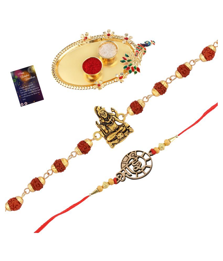     			Paola Rakhi  Rudraksh "Shiv Ji"With " BHAI" Designe  With Roli Chawal And  Greeting Card 1 Kankawati Pooja Thali