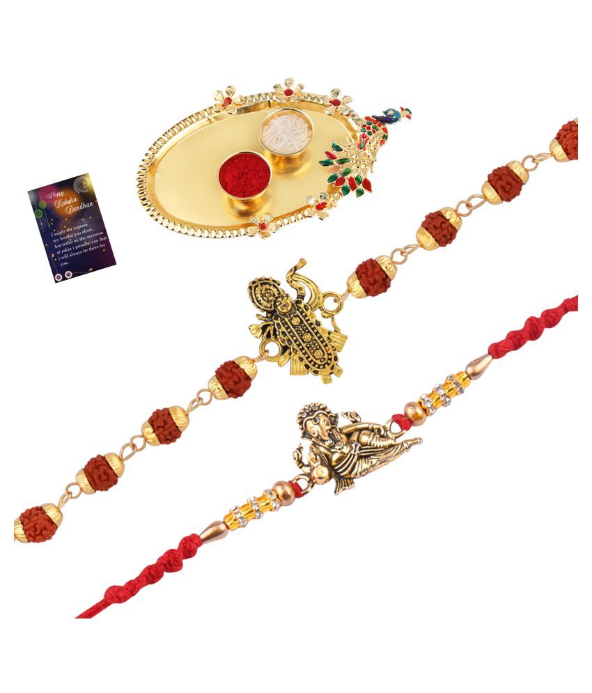     			Paola Rakhi  Rudraksh "Shreenathji "  With Designer Ganeshji   Rakhi  For Bhaiya With Roli Chawal And Greeting Card 1 Kankawati Pooja Thali