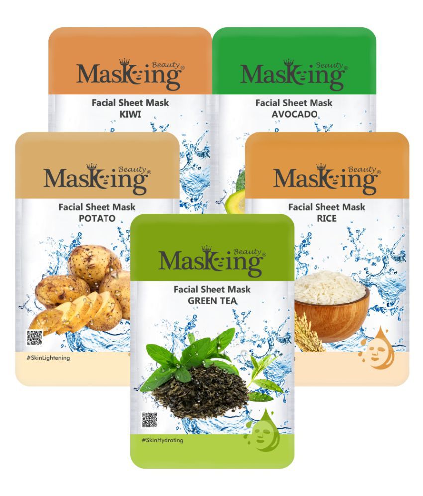     			Masking Beauty Kiwi Avocado Potato Green Tea Rice Face Sheet Mask 100 ml Pack of 5