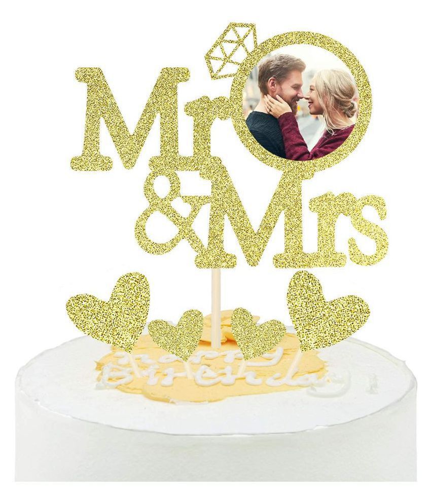     			Gold Glitter Mr and Mrs Wedding Cake Topper with Diamond Ring Heart Cake Decorations Set for Wedding Bridal Shower Engagement Celebration Party Supplies - Pack of 5