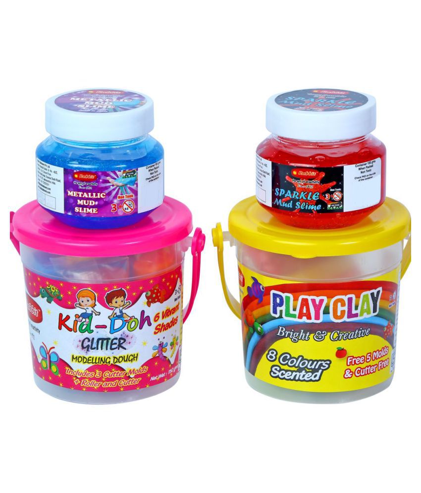 Rabbit Kid Doh Glitter Bucket+Play Clay Bucket +Metallic 100gm+ Neon 100gm|Play Doh|Play Clay| Dough Set|Clay Set for Kids|Putty Toy|Slime For kids|For Age 3+