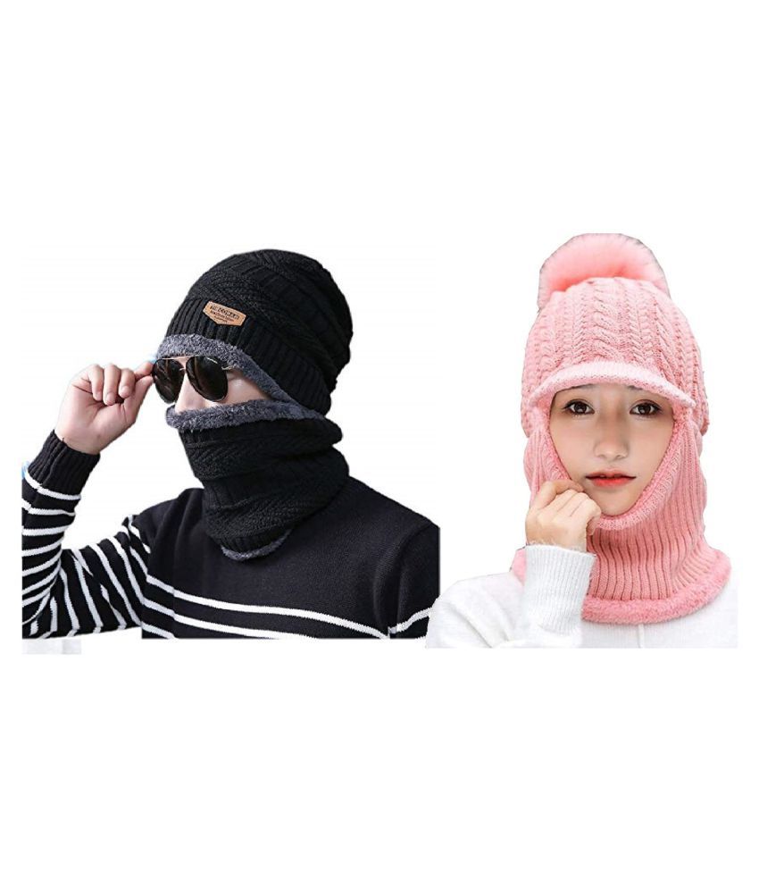Penyan™  Combo of Men's Mufler Cap & Girl's Full Face Cover Cap Winter Fur Neck Cover & Beanie Visor Cap