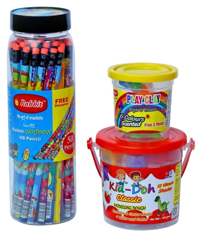 RABBIT Pencil Jar 50 pencils+Play Doh for Kids Classic Bucket+Play Clay 6 Colors Box|Play Doh Clay|Pencil Pouch|Play 'n' Learn kit for Kids|Play Clay for Kids|Play Doh Clay Set|Pencil box|Improves Child's Motor Skills|Stationery for Kids|Ideal age is 3+|