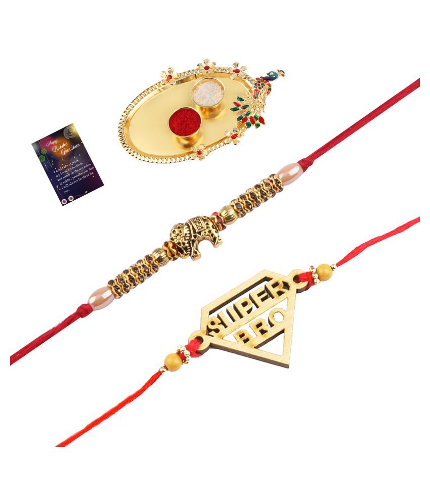     			Paola Fashion Charm Bhaiya Rakhi " SUPER HERO" Designer Pendent With  Designer Look "Elephant" Rakhi Combo  For Bhaiya With Roli Chawal And  Greeting Card 1 Kankawati Pooja Thali