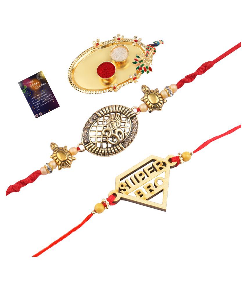     			Paola Fashion Charm Bhaiya Rakhi " SUPER HERO" Designer Pendent With  Designer Look "OM" Rakhi Combo  For Bhaiya With Roli Chawal And  Greeting Card 1 Kankawati Pooja Thali