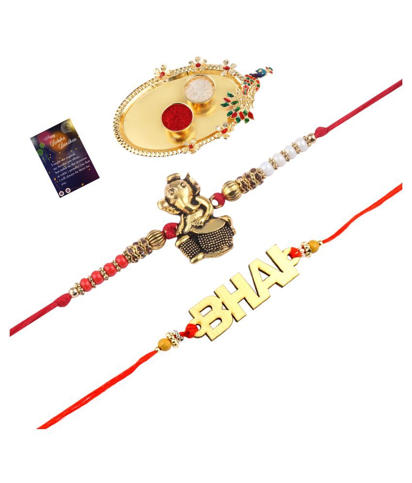     			Paola Elegant  Bhaiya Rakhi " BHAI" Designe With  Designer Look "GANESH JI"Rakhi Combo  For Bhaiya With Roli Chawal And  Greeting Card 1 Kankawati Pooja Thali