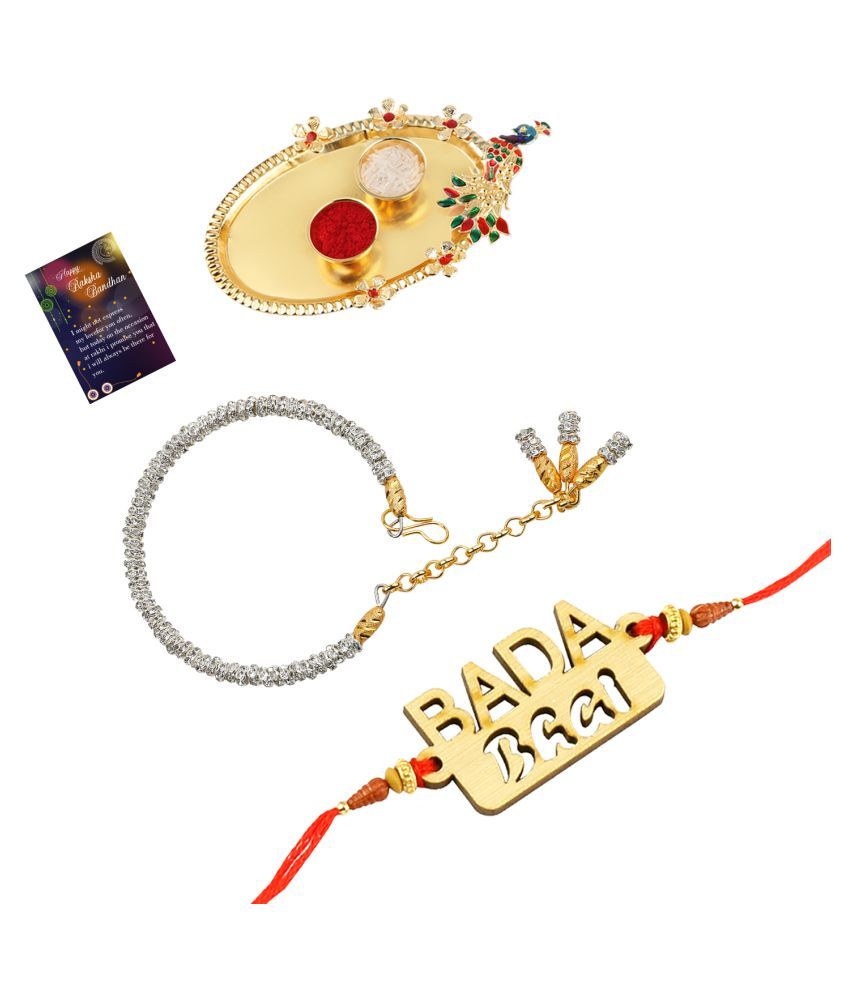     			Paola Exclusive Bhaiya Rakhi " BADA BHAI" Designer Pendent With  Silver Bracelet Kada  BhabhiRakhi Combo  With Roli Chawal And  Greeting Card  1 Kankawati Pooja Thali