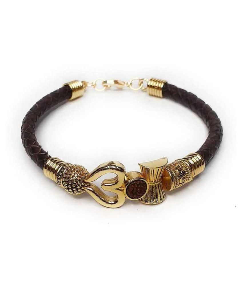     			db enbloc Rudraksha OM Trishul Damroo Designer Oxidized Gold Bahubali Leather Kada Bracelet for Men, Boys, Women