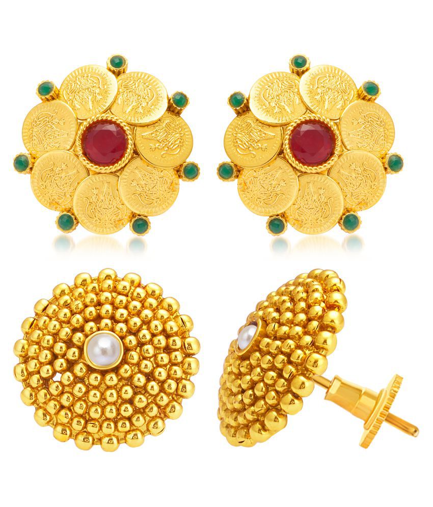     			Sukkhi Ethnic Gold Plated Set of 2 Pair Temple Stud Earring Combo For Women