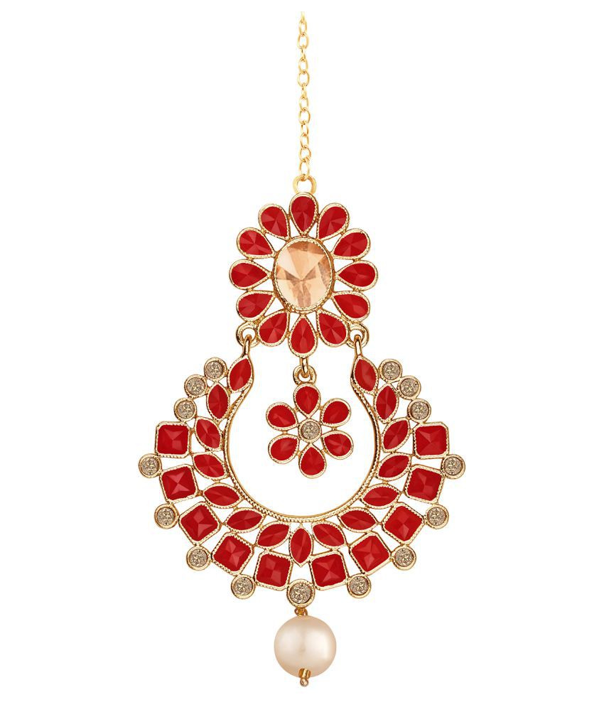     			Gold Tone Drop Square Polki Stone and Cz LCD Diamond Studded Maang Tikka for Women and Girls (Red)