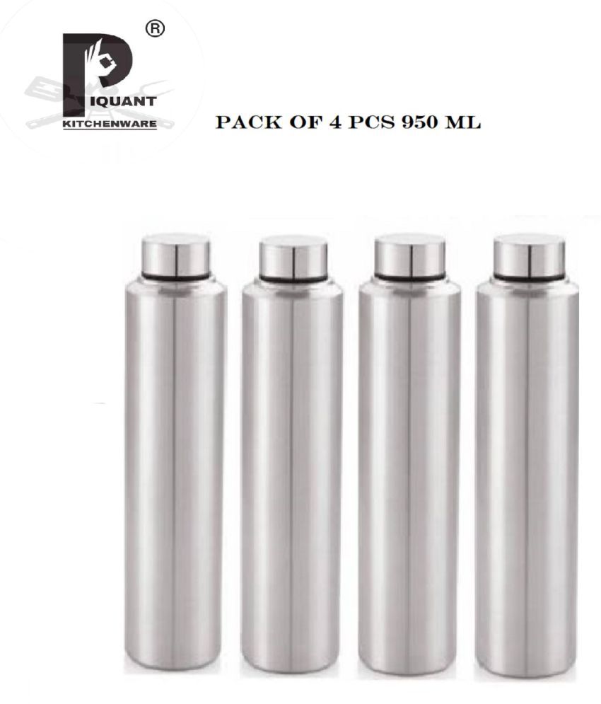     			PIQUANT KITCHENWARE Water Bottle for Home/Office/Gym/School/Collage Silver 950 mL Steel Water Bottle set of 4