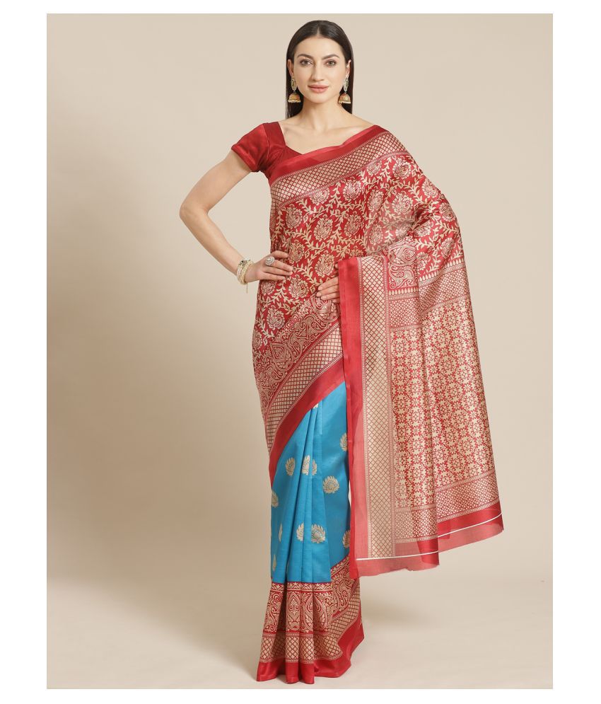     			Grubstaker Art Silk Printed Red With Blouse Piece Saree - Single Pack