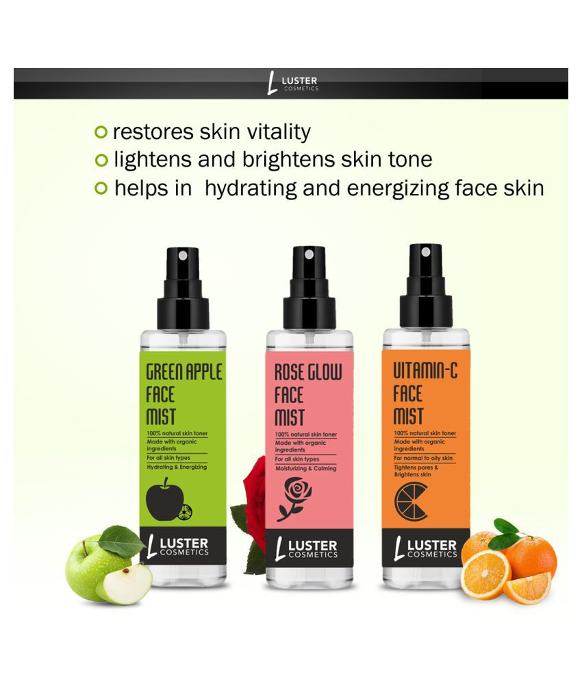 Luster Cosmetics Green Apple + Rose Glow + Vitamin-C Face Mist Skin Tonic 115 mL Pack of 3