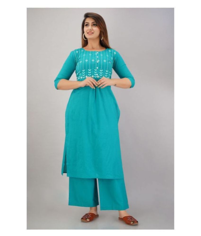     			SVARCHI - Turquoise Frock Style Cotton Women's Stitched Salwar Suit ( Pack of 1 )