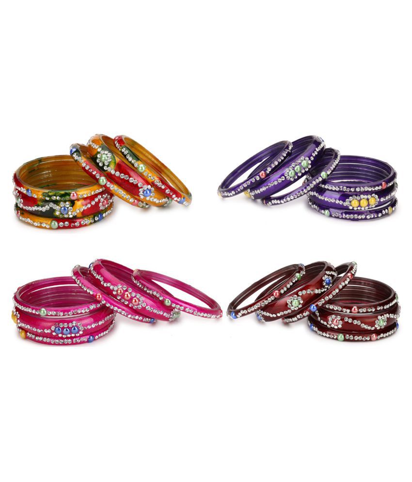     			Somil Glass Bangle Cum Kada Ornamented With Colorful Chips Set Of Four Matching And Trendy Color(Six Piece Each Color)
