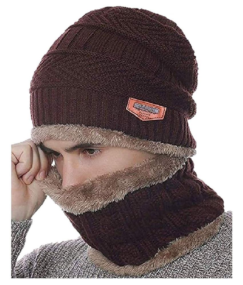 Ultra Soft Unisex Woolen Beanie Cap Plus Muffler Scarf Set for Men Women Girl Boy - Warm, Snow Proof - 20 Degree Temperature Brown