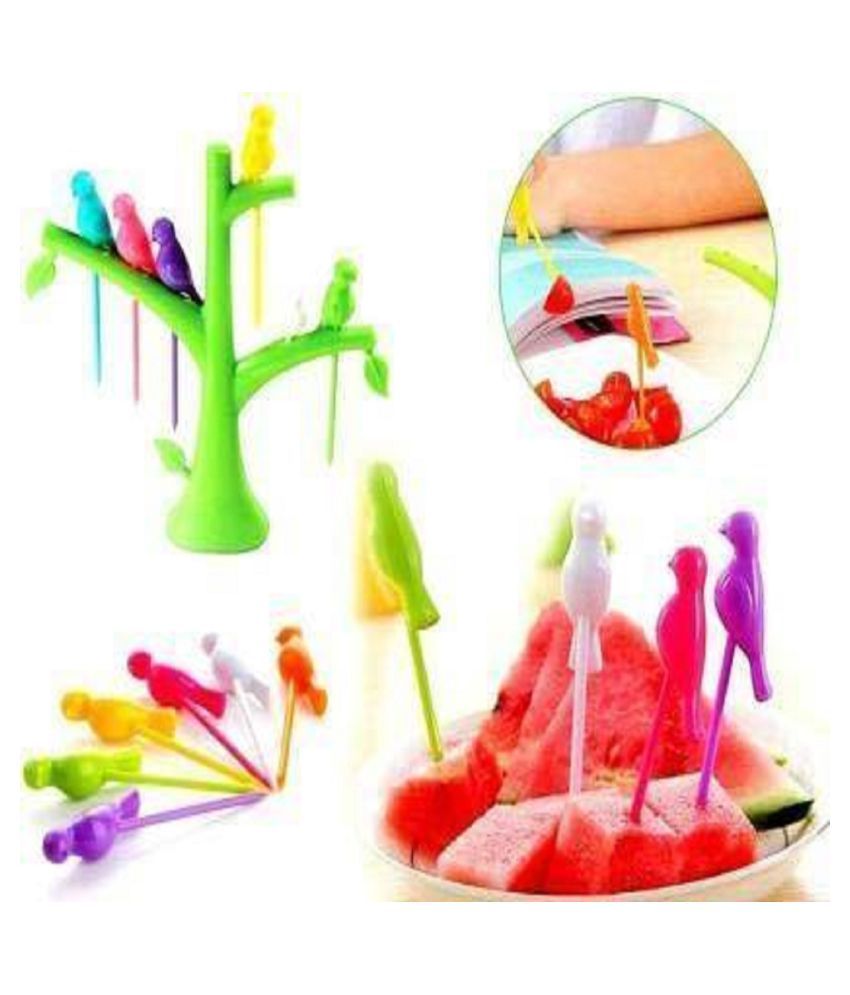 ASQURE Plastic Multicolor Bird Fruit Fork 6 Bird With 1 Tree Shape