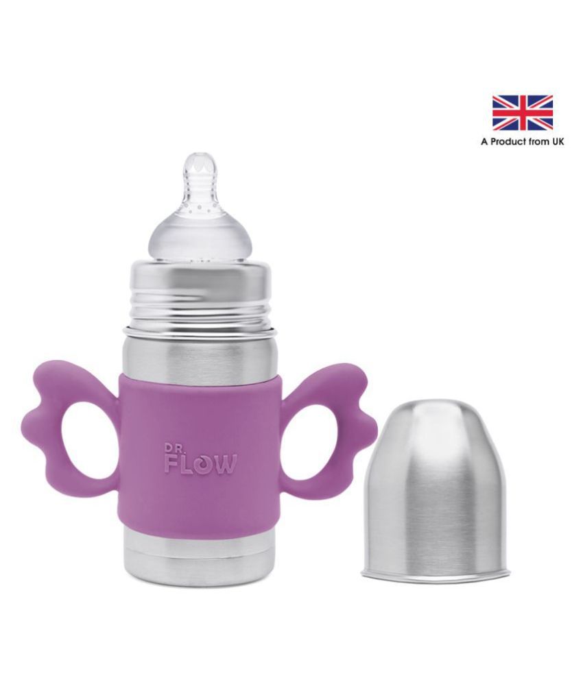 Dr.Flow Vogue+ Stainless Steel Baby Feeding Bottle with Silicone Handle & Silicone Closing Disc 260ml/8oz |100% Plastic free &  Non-Toxic Stainless Steel | 304 (18/8) Grade Stainless Steel | Anti Colic Silicone Teat | DF9009, Purple Color