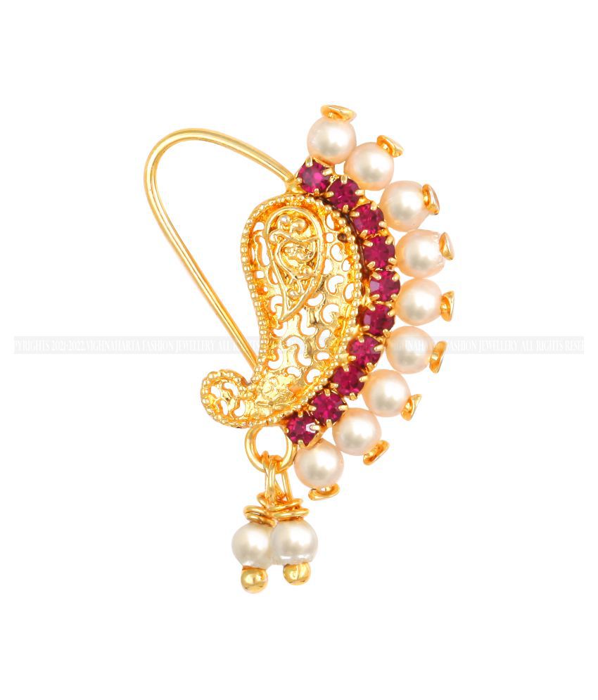     			Vighnaharta Gold Plated Mayur Design with Pearls and AD stone Alloy Maharashtrian banu Nath Nathiya./ Nose Pin for women VFJ1017NTH-TAR