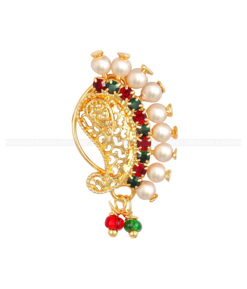     			Vighnaharta Gold Plated Mayur Design with Pearls and AD Stone Alloy Maharashtrian banu Nath Nathiya./ Nose Pin for women VFJ1027NTH-Press