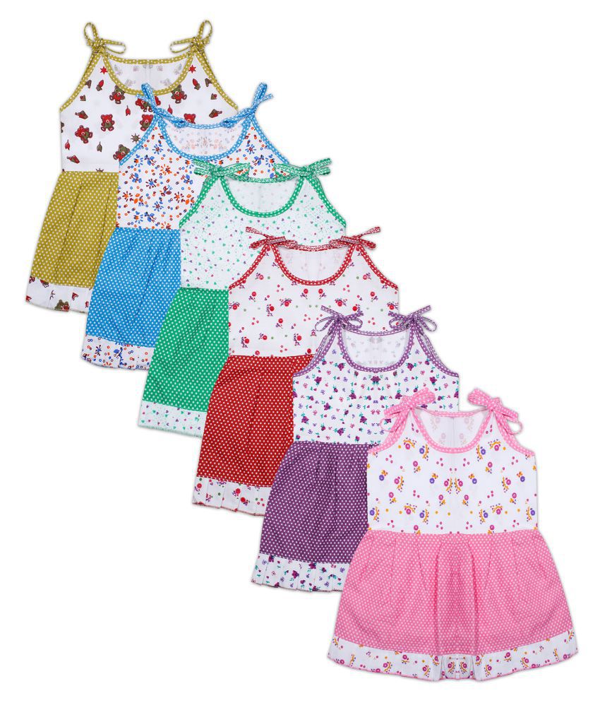     			Luke and Lilly Kids Girls Pink,red,Green,Blue,Purple,green Cotton Printed A-Line Frock Pack of 6