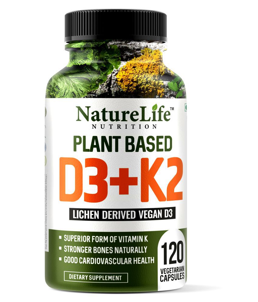 NatureLife Nutrition Plant Based D3 + k2 Vitamin Supplement | Immunity, Heart, Muscle, & Bone Health 120 no.s Multivitamins Capsule