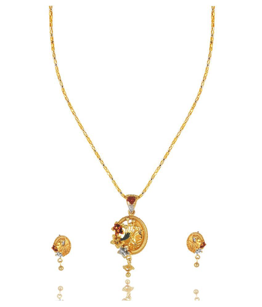     			SHANKH-KRIVA NON ADJUSTABLE GOLD PLATED MEENA KARI PENDANT SET WITH 18"INCH CHAIN AND EYERINGS-100407