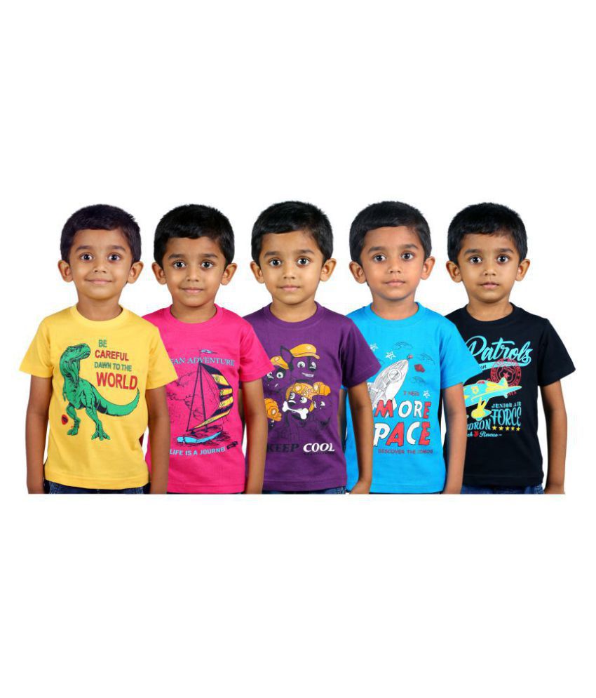 Jilz Boy's Yellow, Pink,Purple, Blue and Black Printed Cotton T-Shirt Half Sleeve Pack of 5