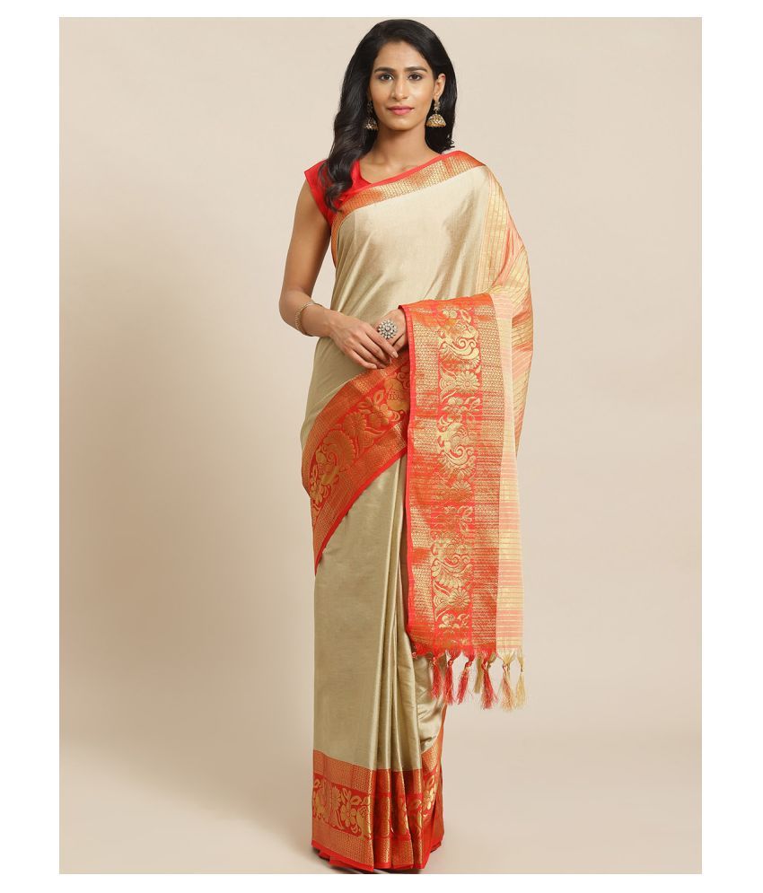     			Grubstaker Beige Cotton Saree - Single