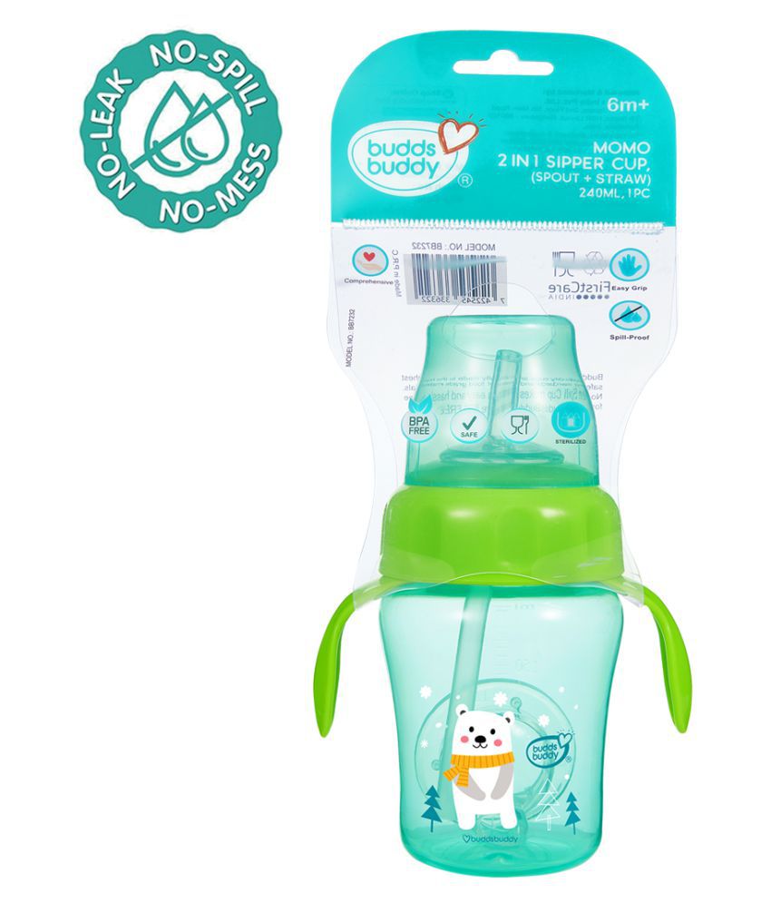 Buddsbuddy BPA Free Anti Spill Design Momo 2 in 1 Baby Sipper (Spout + Straw) Cup/ baby sipper/baby water bottle 240ml, Green