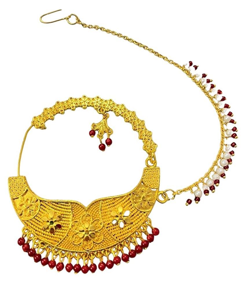 Febtech Nose Nathuli Traditional Red Drops With Nath Chain