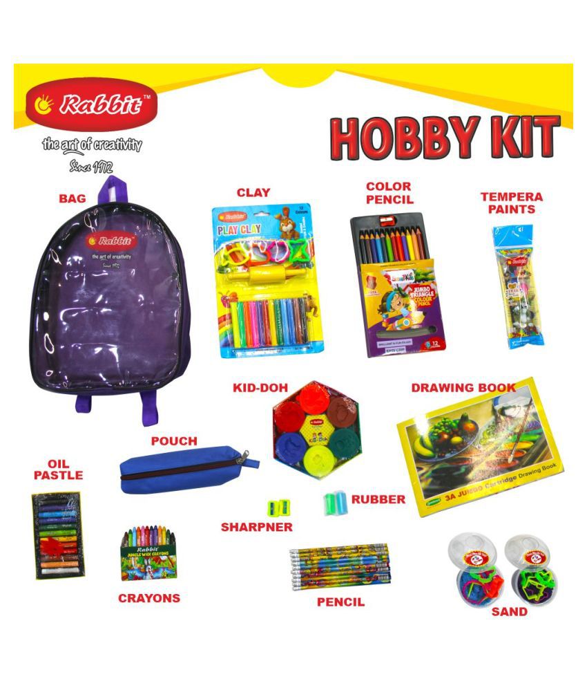 RABBIT Hobby Kit Bag for Kids|Play Doh Clay|Art Kit|HOBBY Stationery for Kids|Art Drawing Kit|12 Color Oil Pastels Wax Colors Color Pencils|Celebration Kit|Play Sand for Kids|HOBBY Bag of assorted Stationery|Drawing Book|Art Craft Kit|For 3+ Age