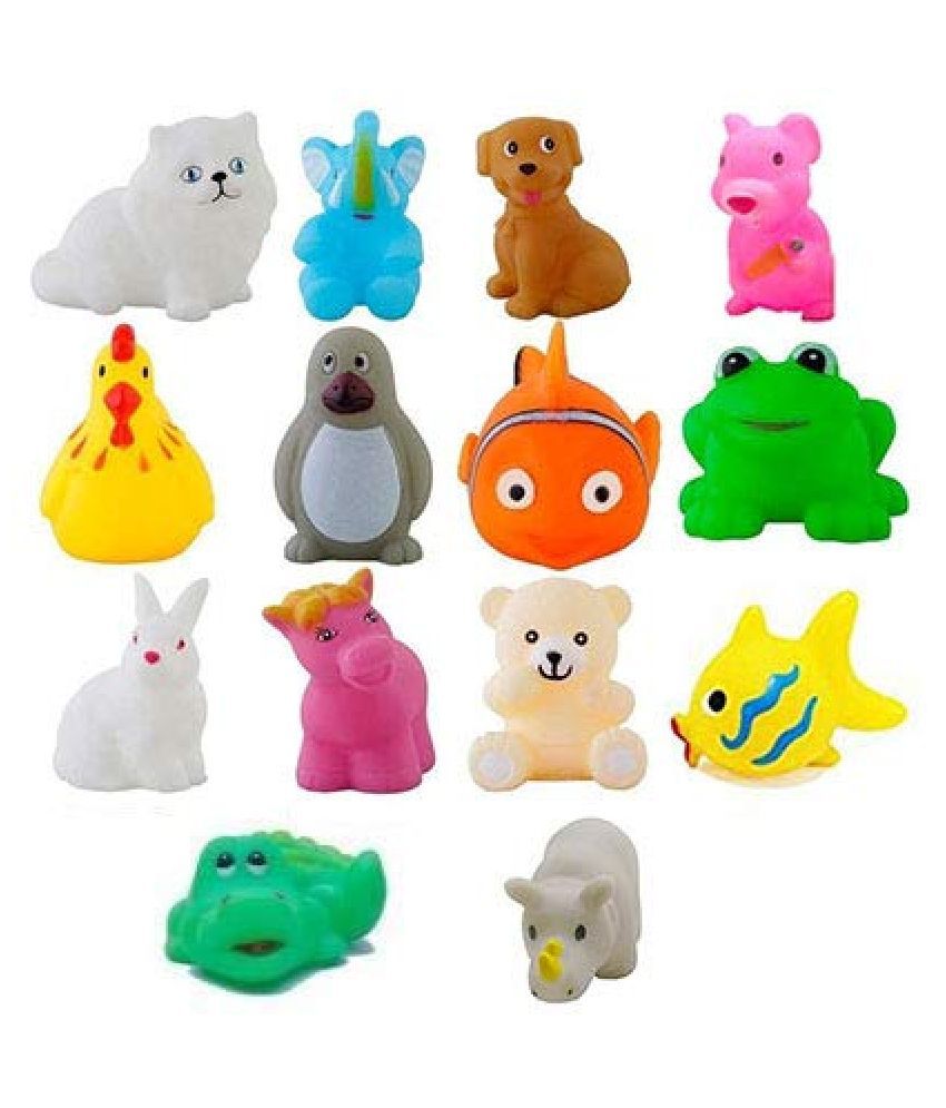WISHKEY Plastic Bath Toy Set of 14 Pcs Chu Chu Colorful Animal Shape Toy for New Born Babies, Fun Bathtime Buddies for Toddlers (Pack of 14, Multicolor)