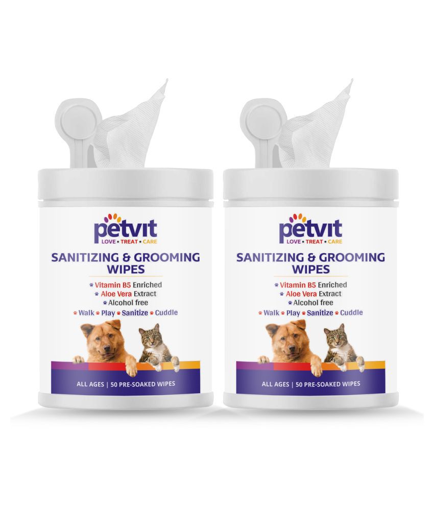 Petvit Cleansing & Grooming Wipes For Dog and Cat Enriched with Vitamin B5 and Aloe Vera - 50 Wipes | Pack of 2